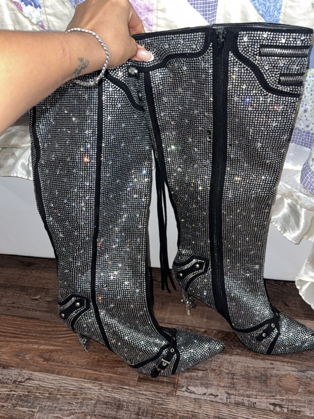 Women's Black Crystal-Embellished Knee Boots